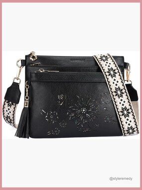 Faux Leather Crossbody Bag Multi Pocket Shoulder Handbag with Wide Strap
